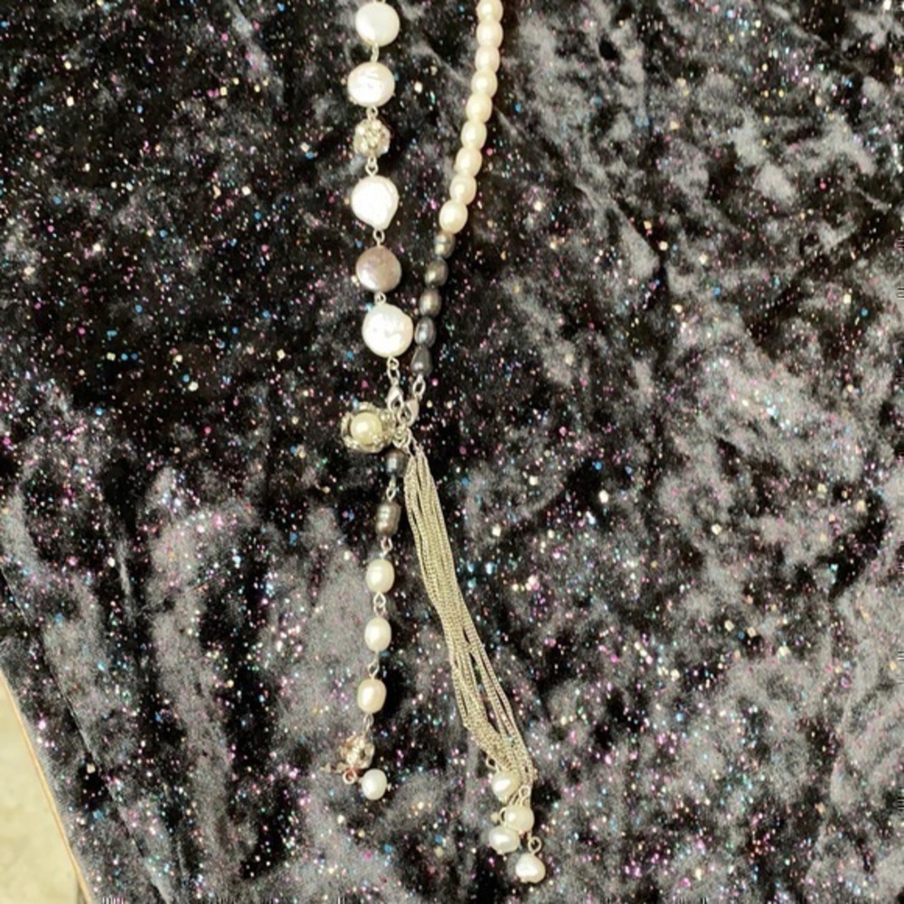 40 Inch total length  Necklace Faux Pearls & Silver